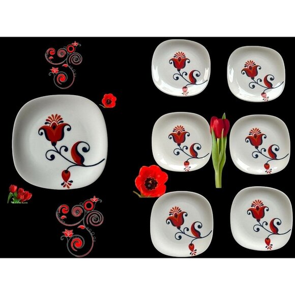 VTG 70s Block Langenthal Transition Bread Plates 6 piece Red Floral Pop Art - Picture 1 of 12